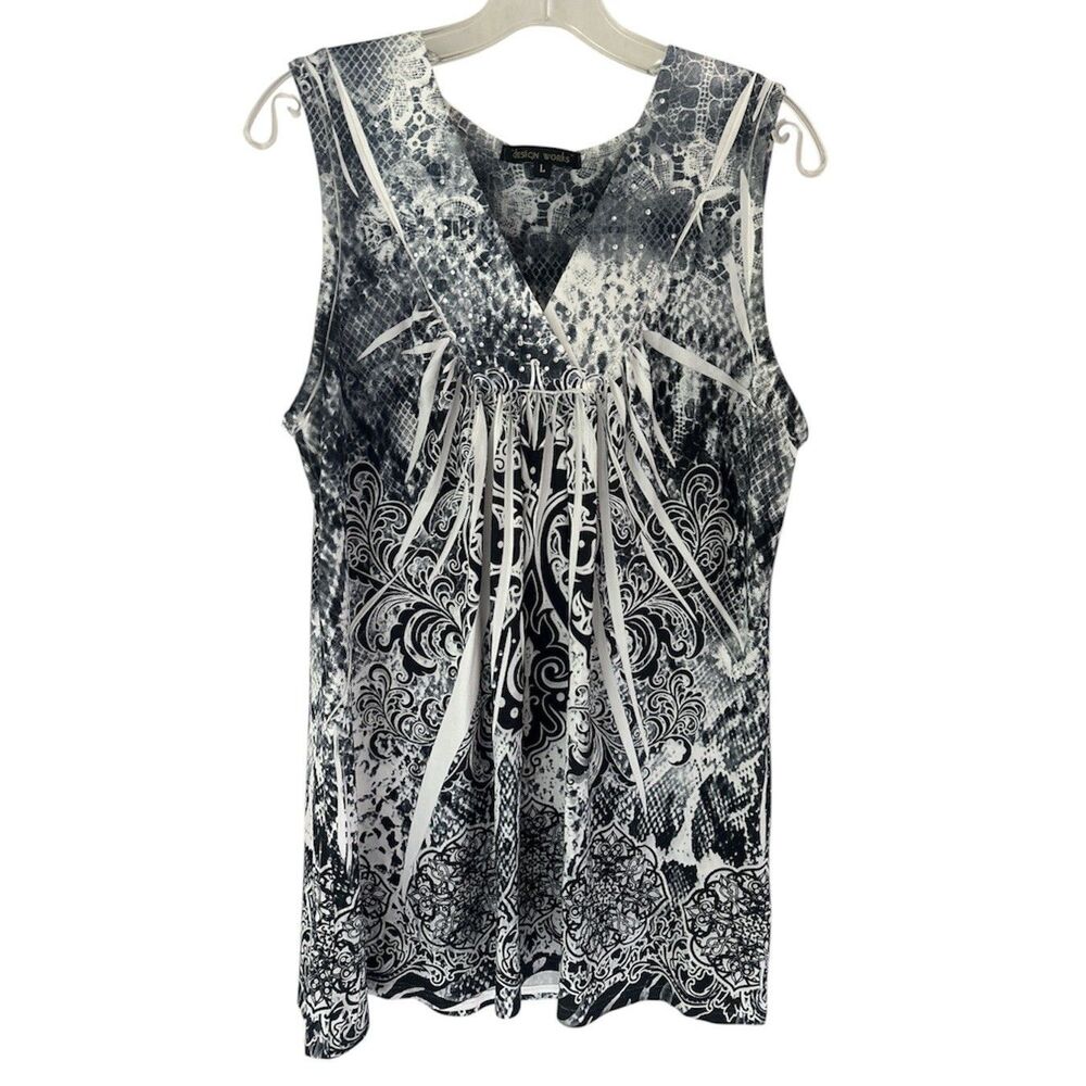Design Works V-Neck Tank Top L Snake Print Paisley Medallion Rhinestone Accents